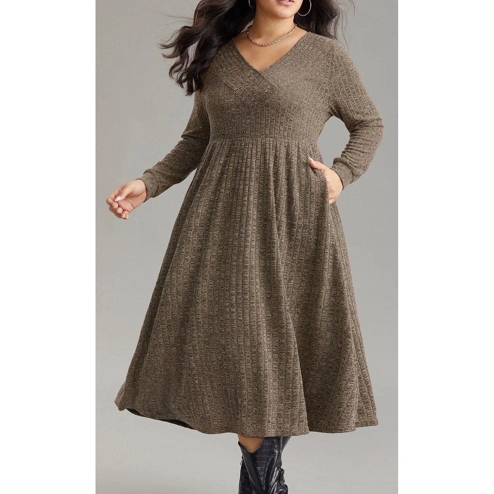 Bloomchic Rib Knit Plain Plisse Long Sleeve Sweater Dress - Brown -‎ Sz 6X (30)